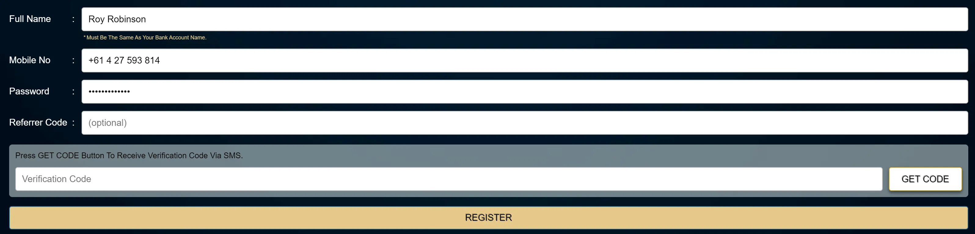 BSB007 Casino registration form interface